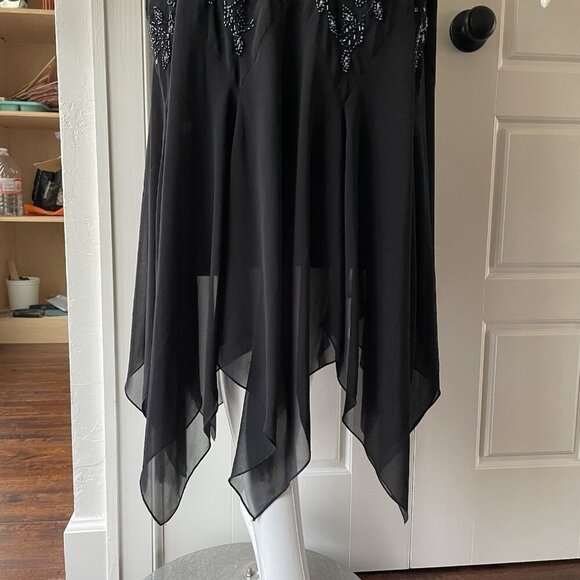 Vintage Y2K 90s Midi Beaded Black Sheer Asymmetrical Scarf Hem Dress Sz 14W - Picture 7 of 15